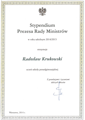 Dyplom Radosława Krukowskiego, stypendysty Prezesa Rady Ministrów